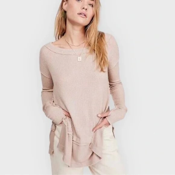 Free People North Shore Thermal Tunic Shirt Sand Beige Tan Large - Picture 2 of 8